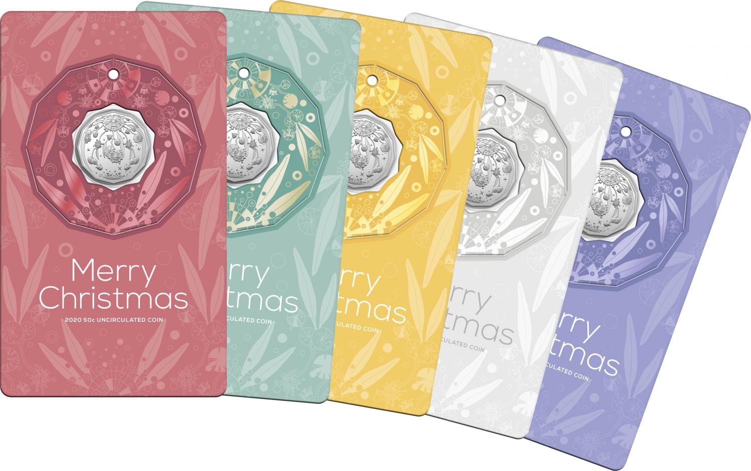 Thumbnail for 2020 Christmas .50¢ UNC Coin on Card Decoration - Set of 5 Different Colours 