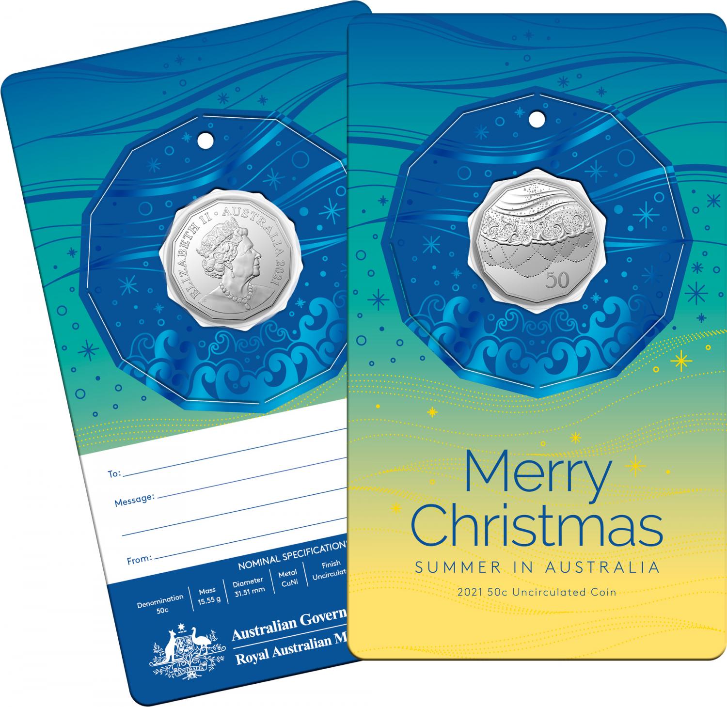 Thumbnail for 2021 .50¢ Christmas Decoration CuNi UNC Coin on Blue Accented Card (Single card)