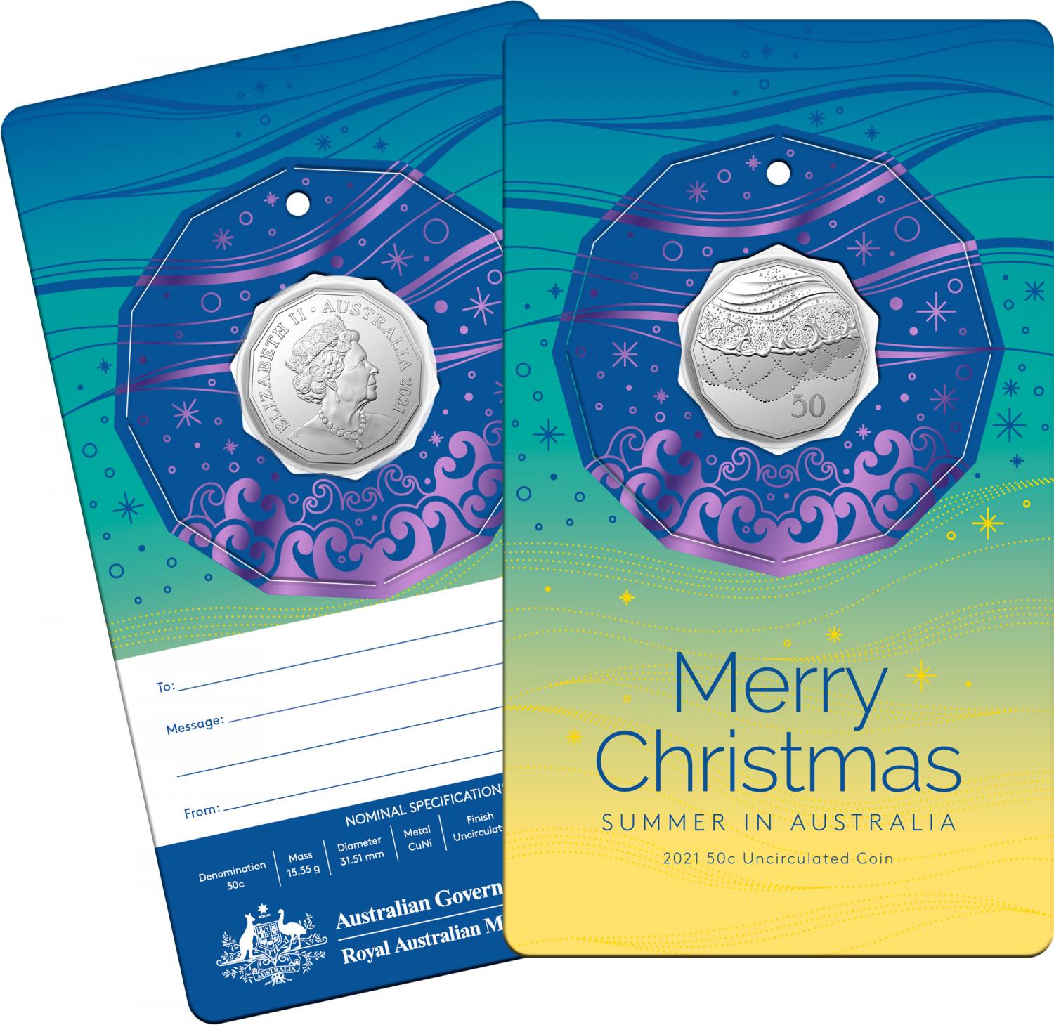 Thumbnail for 2021 .50¢ Christmas Decoration CuNi UNC Coin on Purple Accent Card (Single card)