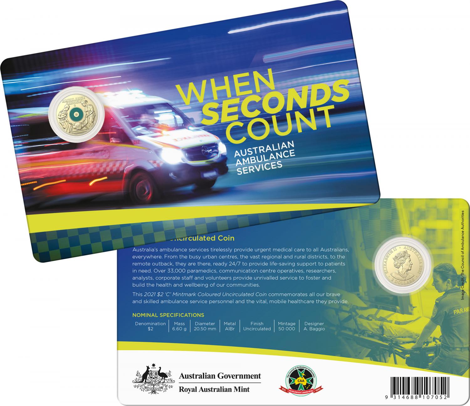 Thumbnail for 2021 $2 Australian Ambulance Services AlBr  Coloured UNC 'C' Mintmark   Coin in Card