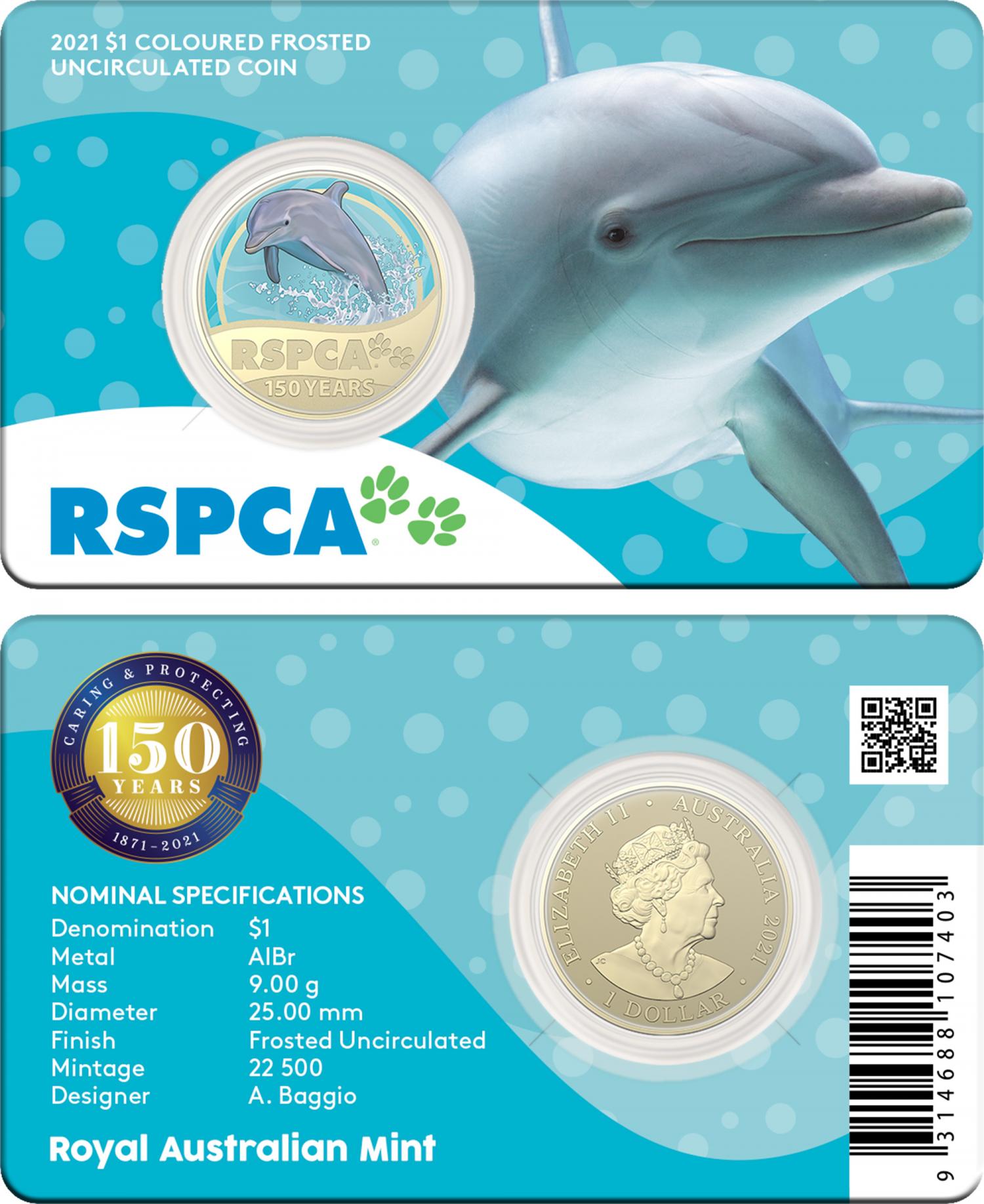 Thumbnail for 2021 $1 150th Anniversary of the RSPCA Australia -  Dolphin Coloured Coin in Card (Single Coin)