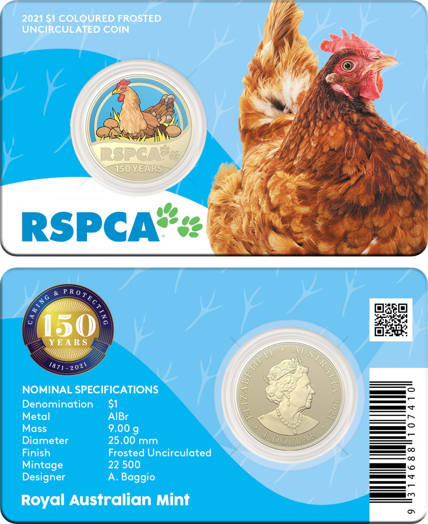 Thumbnail for 2021 $1 150th Anniversary of the RSPCA Australia Layer Hen Coloured Coin on Card (Single Coin)