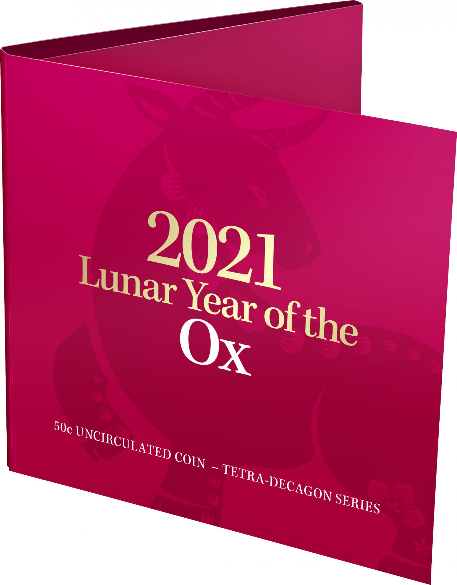 Thumbnail for 2021 Lunar Year of the Ox .50¢ UNC Tetra-Decagon Coin in Red Folder