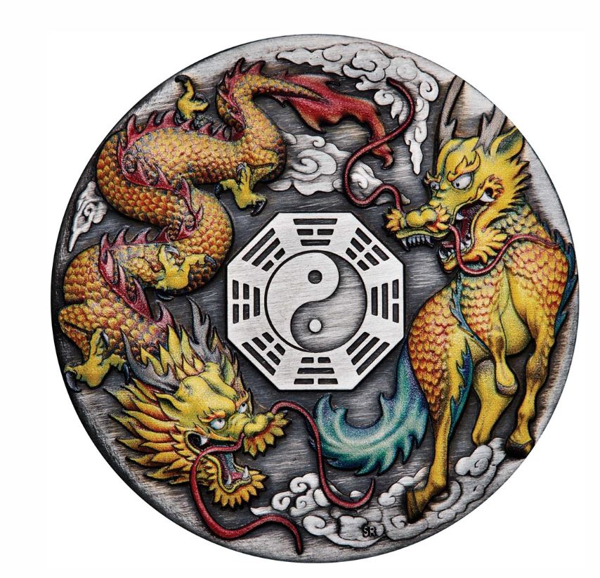 Thumbnail for 2022 $2 Dragon and Qilin 2oz Silver Antiqued Coloured Tuvalu Coin - Perth Mint