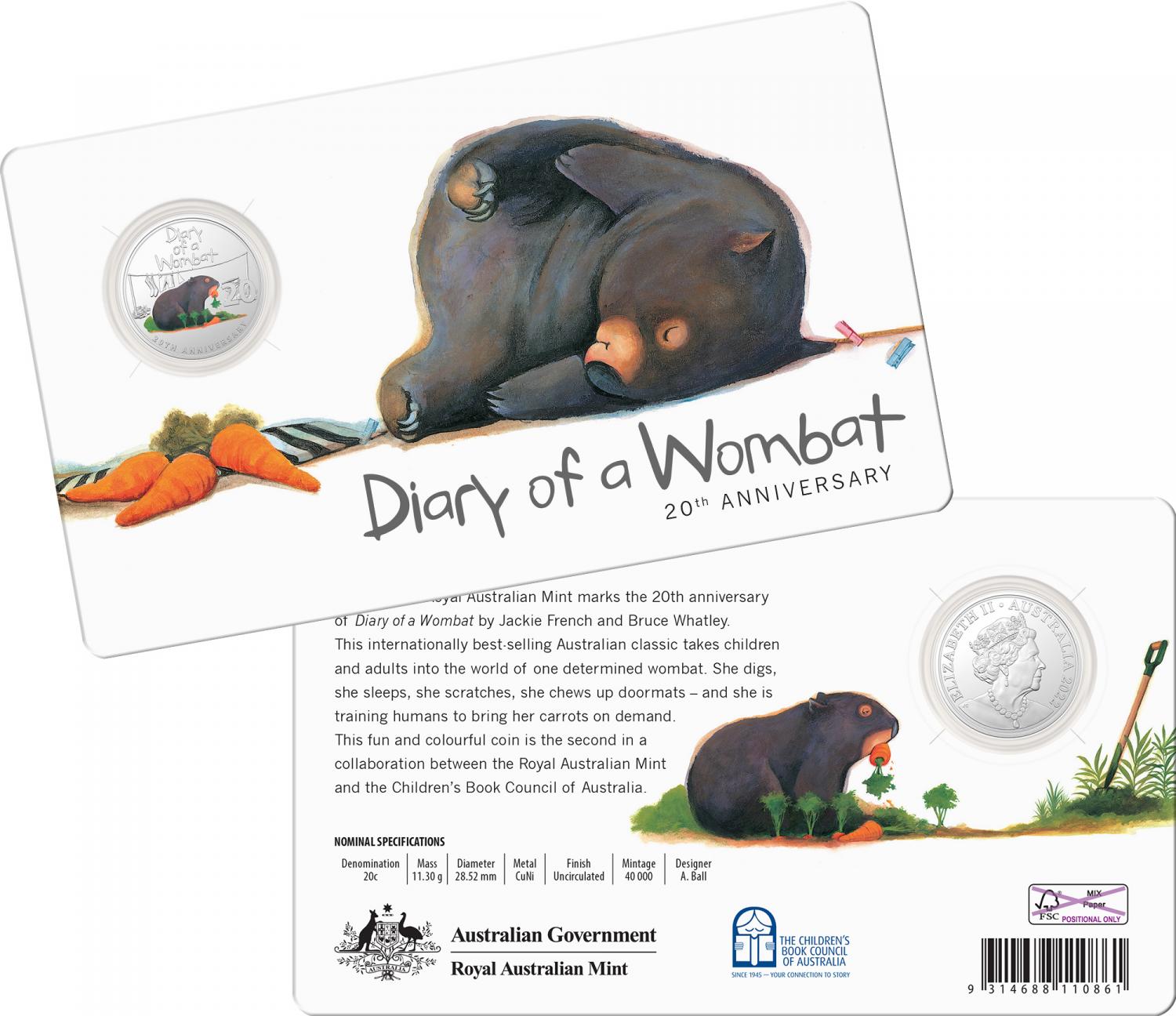 Thumbnail for 2022 20 cent 20th Anniv Diary of a Wombat Coloured UNC Coin on Card