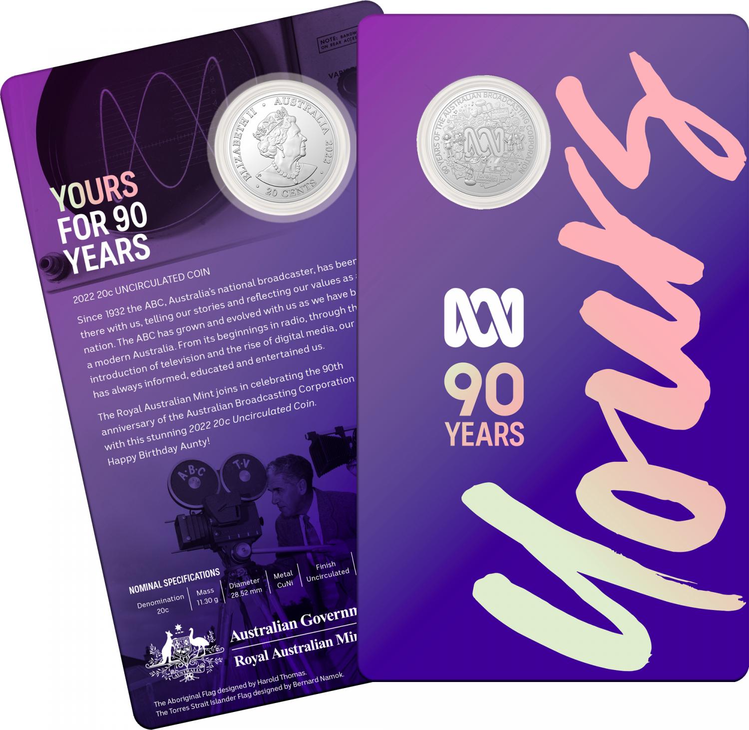 Thumbnail for 2022 20 cent - 90th Anniversary of the ABC (Australian Broadcasting Commission) CuNi UNC Coin on Card