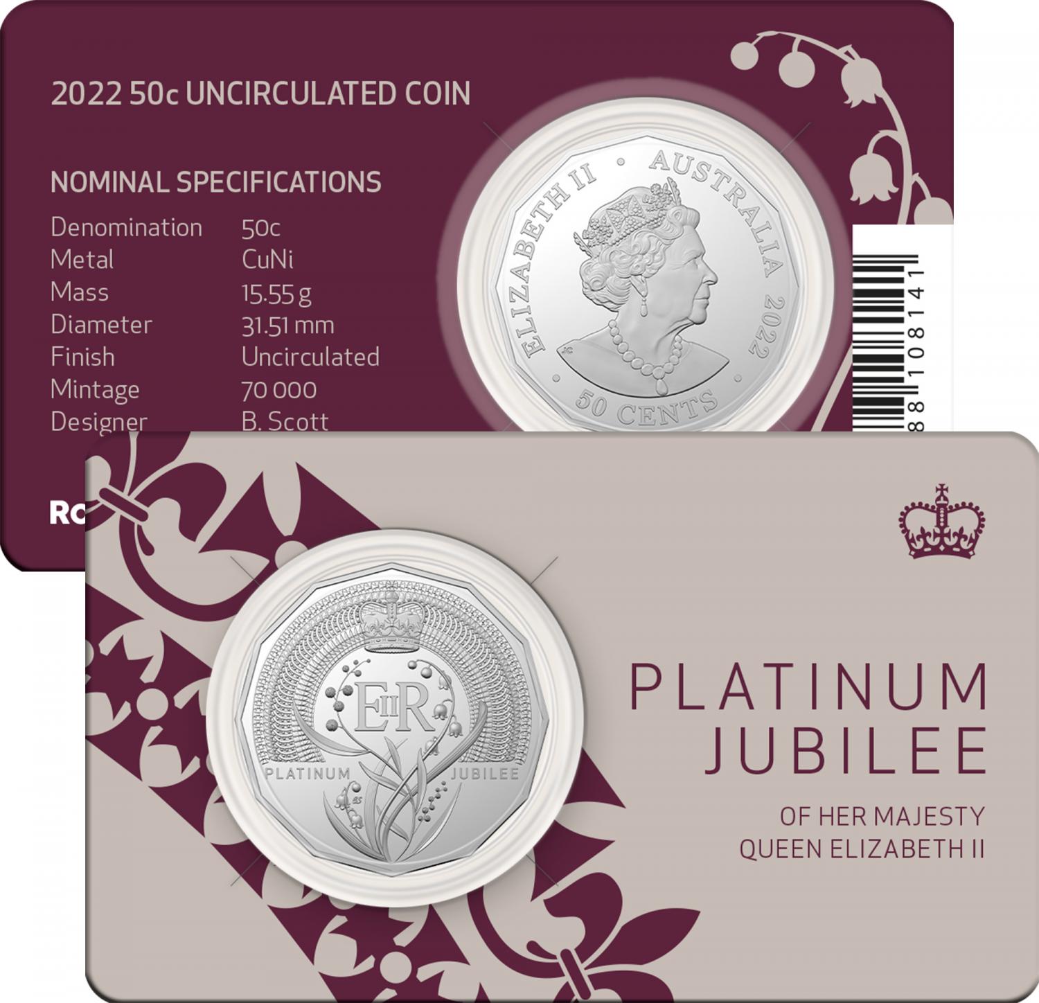 Thumbnail for 2022 50 Cent Platinum Jubilee of HM Queen Elizabeth II CuNi UNC Coin on Card