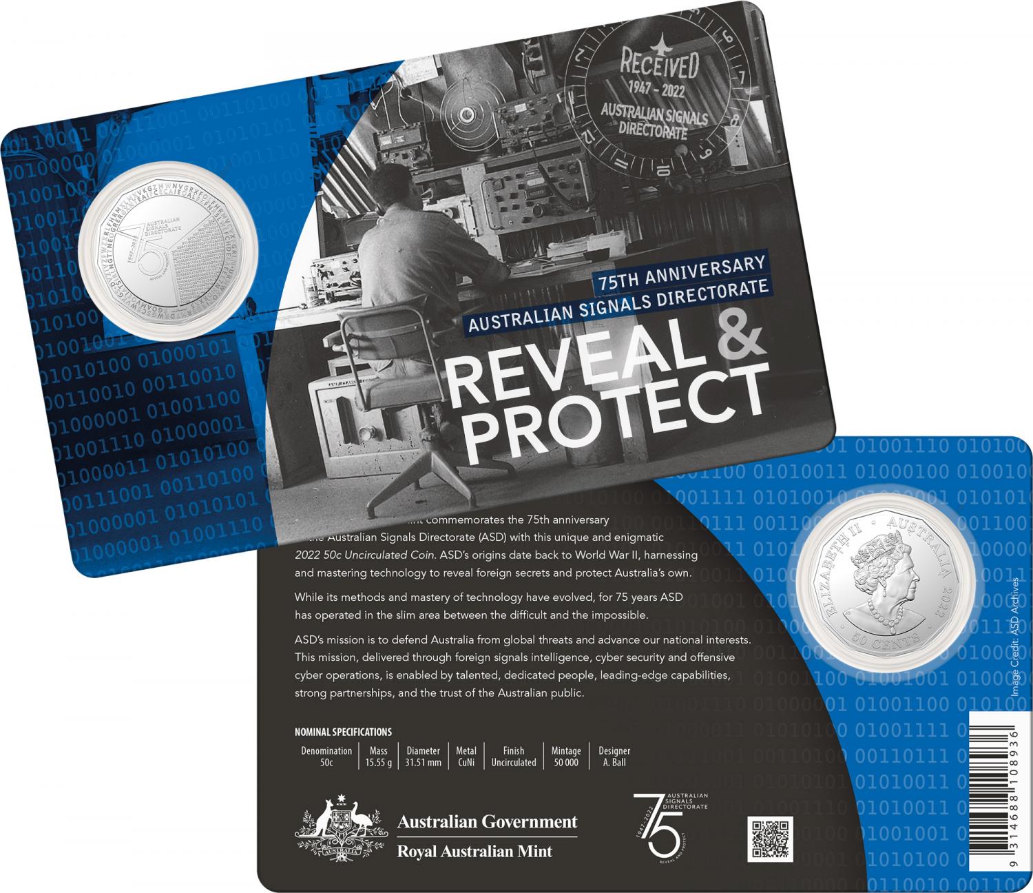 Thumbnail for 2022 50c 75th anniversary of the Australian Signals Directorate (ASD) CuNi Uncirculated Coin –