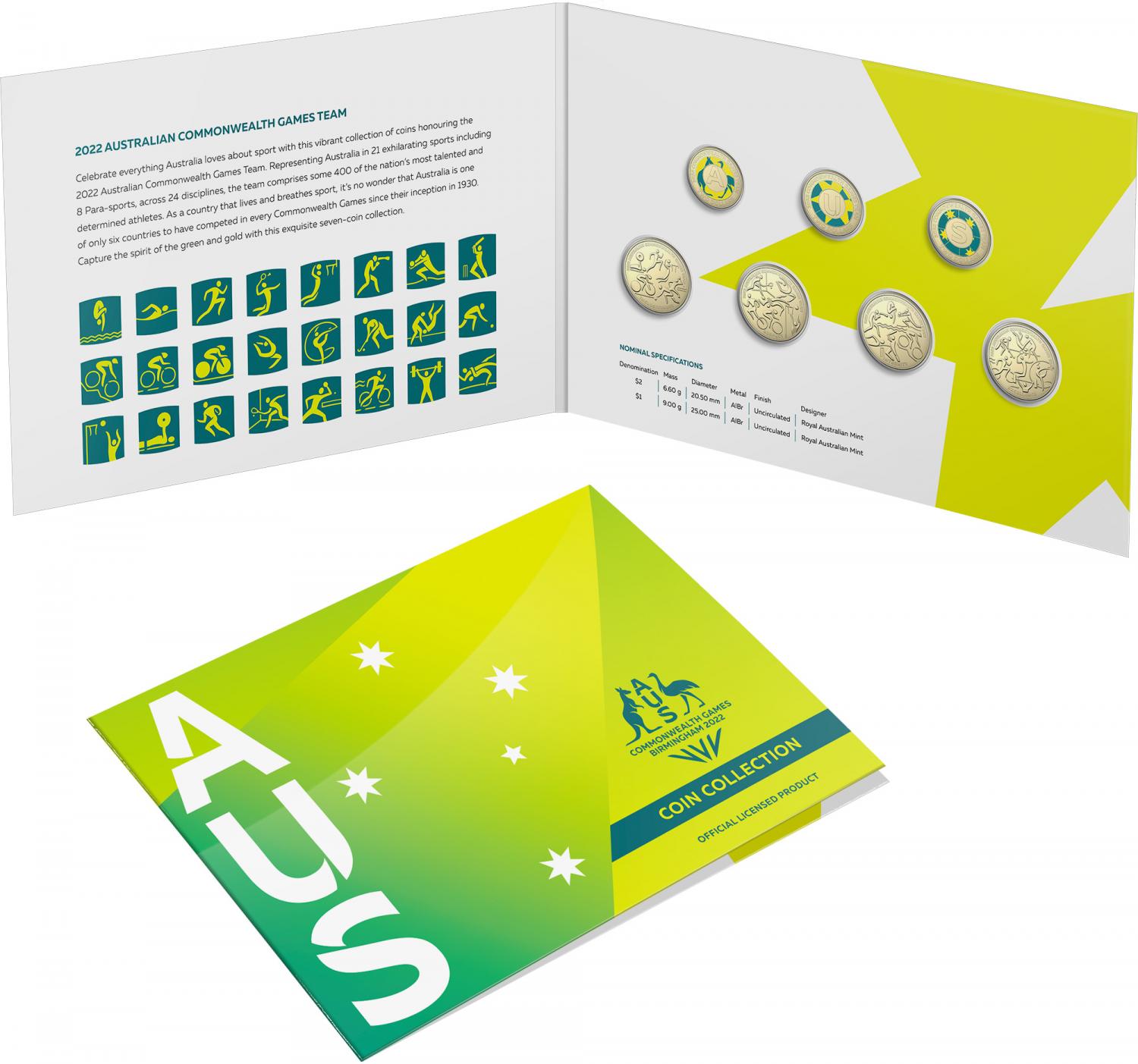Thumbnail for 2022 $1 and $2 - Australian Commonwealth Games Team AlBr UNC Seven Coin Collection  