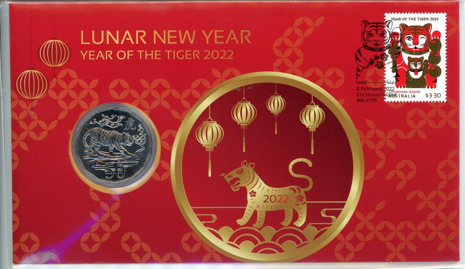 Thumbnail for 2022 Issue 3 - Lunar New Year Year of the Tiger 2022 PNC with RAM .50 cent Coin and Christmas Island Stamp