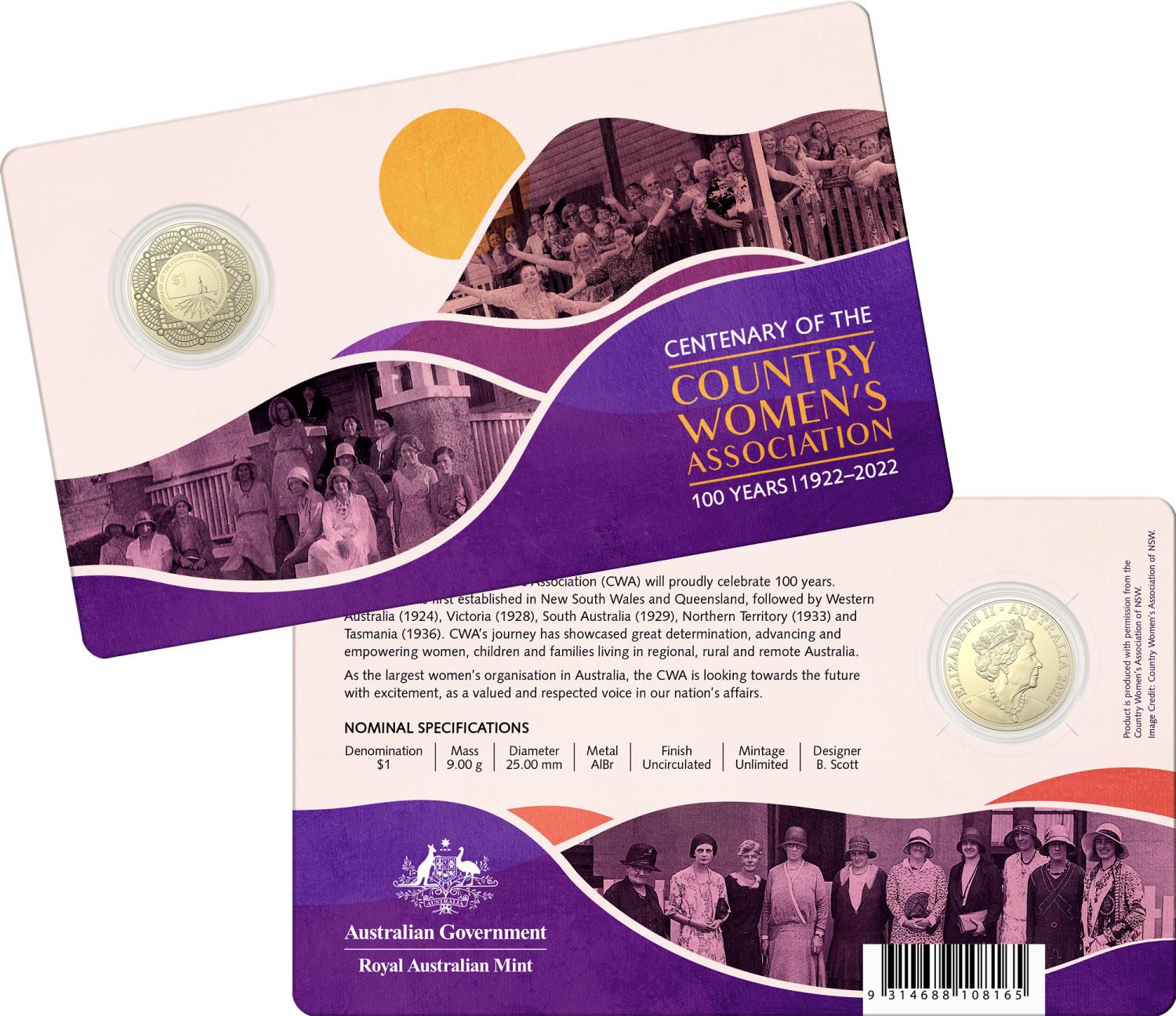 Thumbnail for 2022 $1 Centenary of the Country Women's Association CWA UNC Coin on card