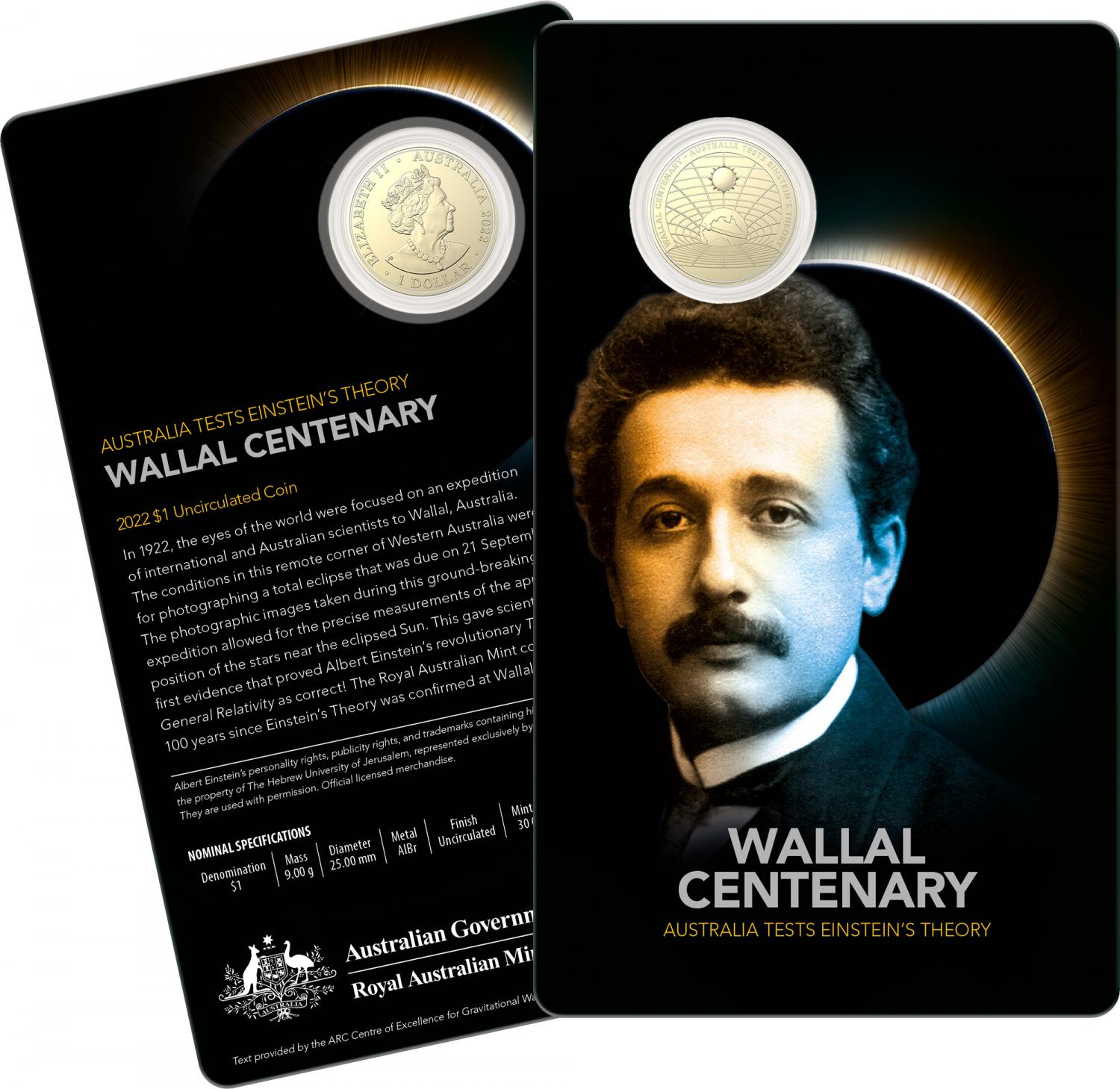 Thumbnail for 2022 $1  Wallal Centenary – Australia Tests Einstein’s Theory AlBr Uncirculated Coin on Card