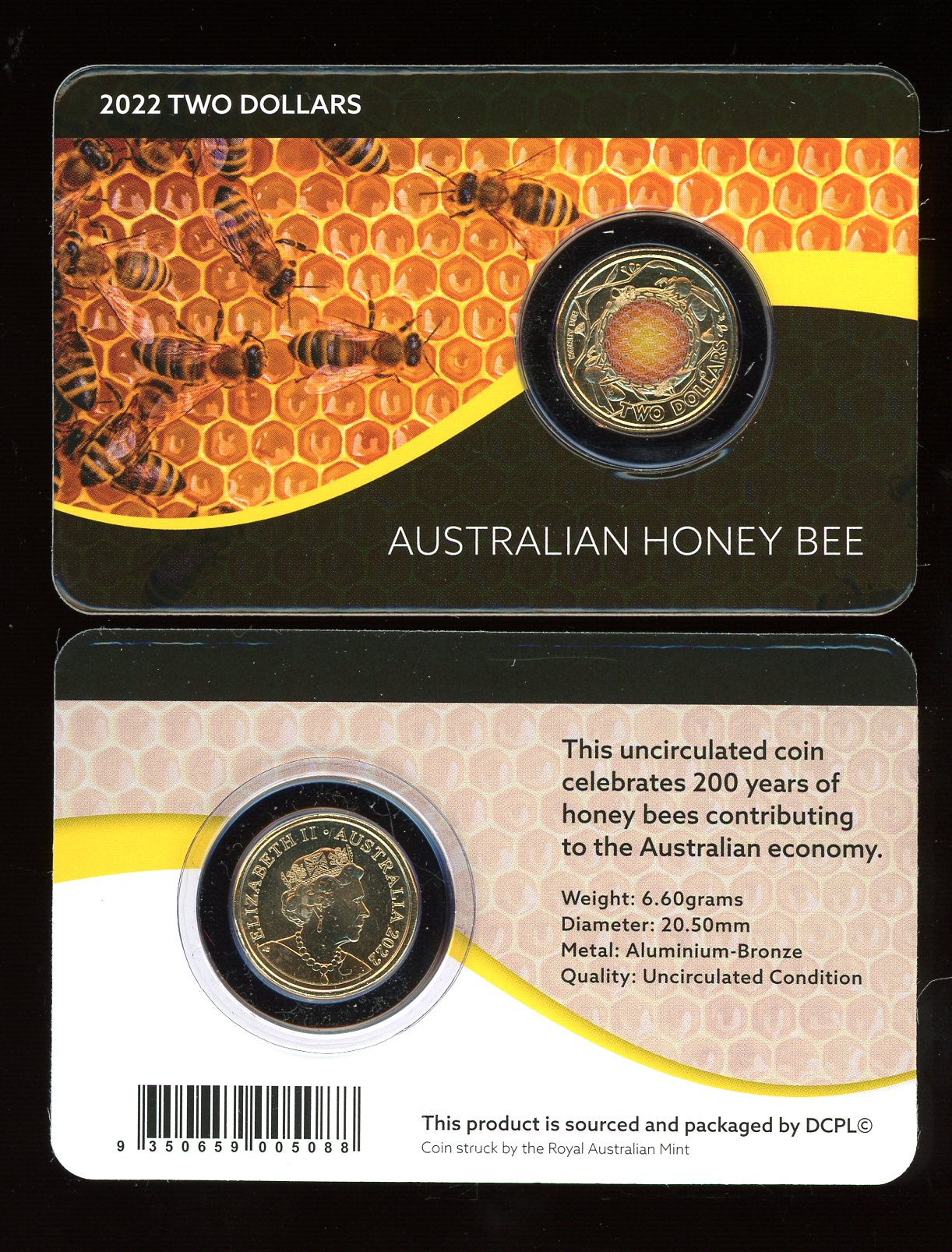 Thumbnail for 2022 $2 Honey Bee Coloured Coin AlBr on Black Honey Bee DCPL Card