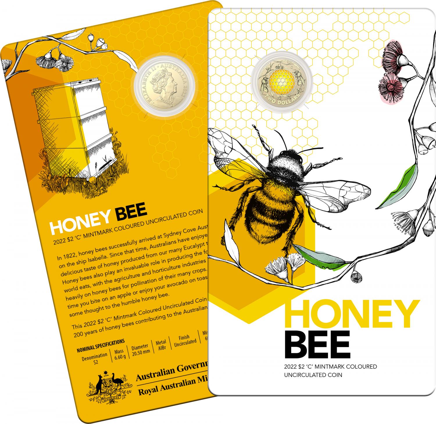 Thumbnail for 2022 $2.00  Australian Honey Bee 'C' Mintmark Coloured UNC Coin on card