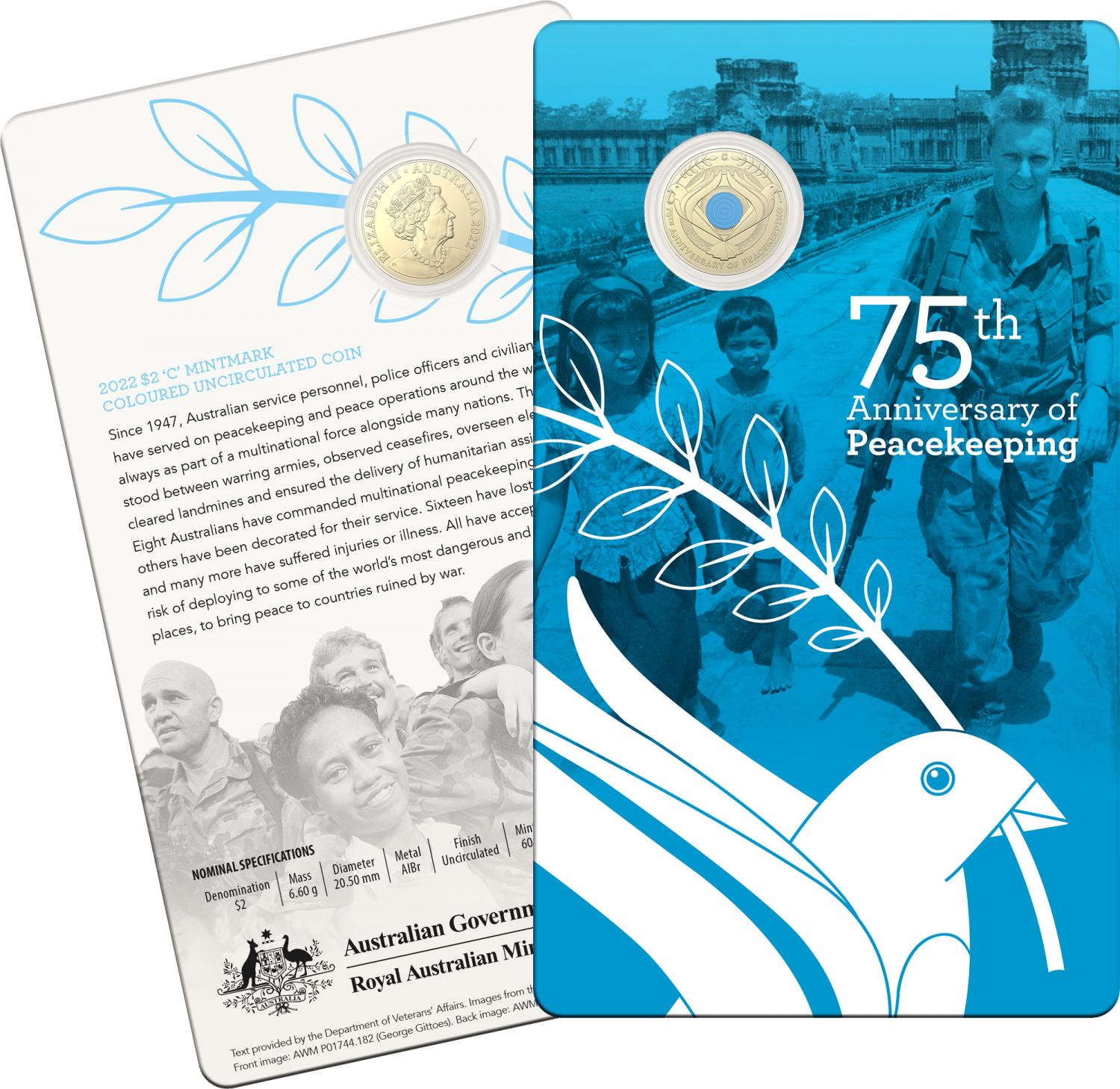 Thumbnail for 2022 $2  75th Anniversary of Peacekeeping C Mintmark Coloured Uncirculated AlBr Coin on Card