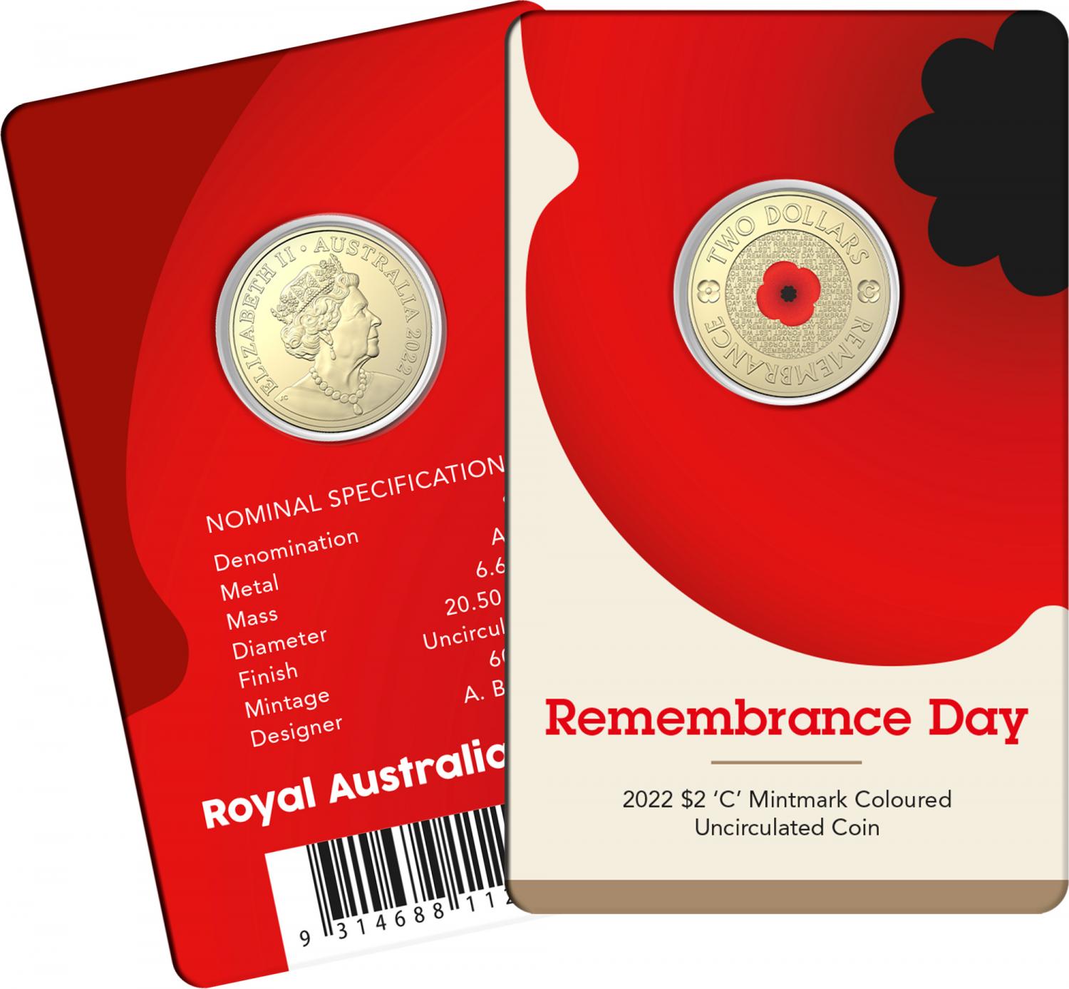Thumbnail for 2022 $2 10th Anniversary Remembrance Day Poppy C Mintmark on card