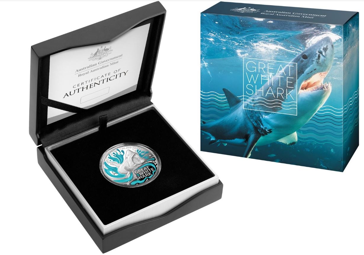 Thumbnail for 2022 $5 Australia's Most Dangerous Great White Shark Coloured Silver  Proof Coin in Box