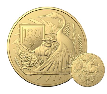 Thumbnail for 2023 $100 Australia's Coat of Arms - Queensland 1oz Gold Investment RAM Coin in Capsule - Memorial Effigy