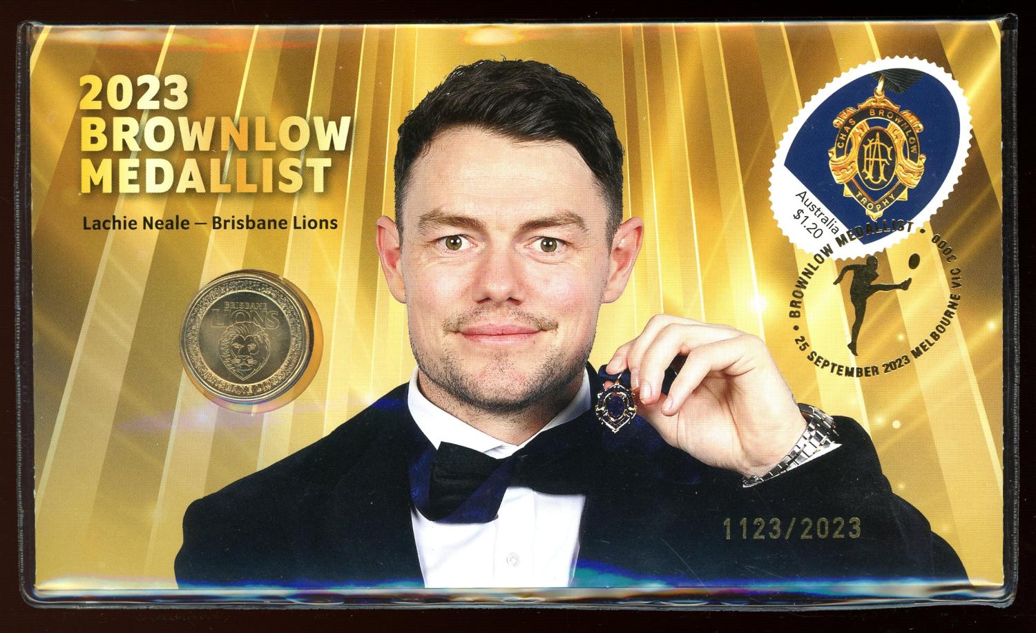 Thumbnail for 2023 Issue 20AFL - 2023 Brownlow Medallist Lachie Neale Brisbane Lions with RAM $1 AFL Coin in the PNC