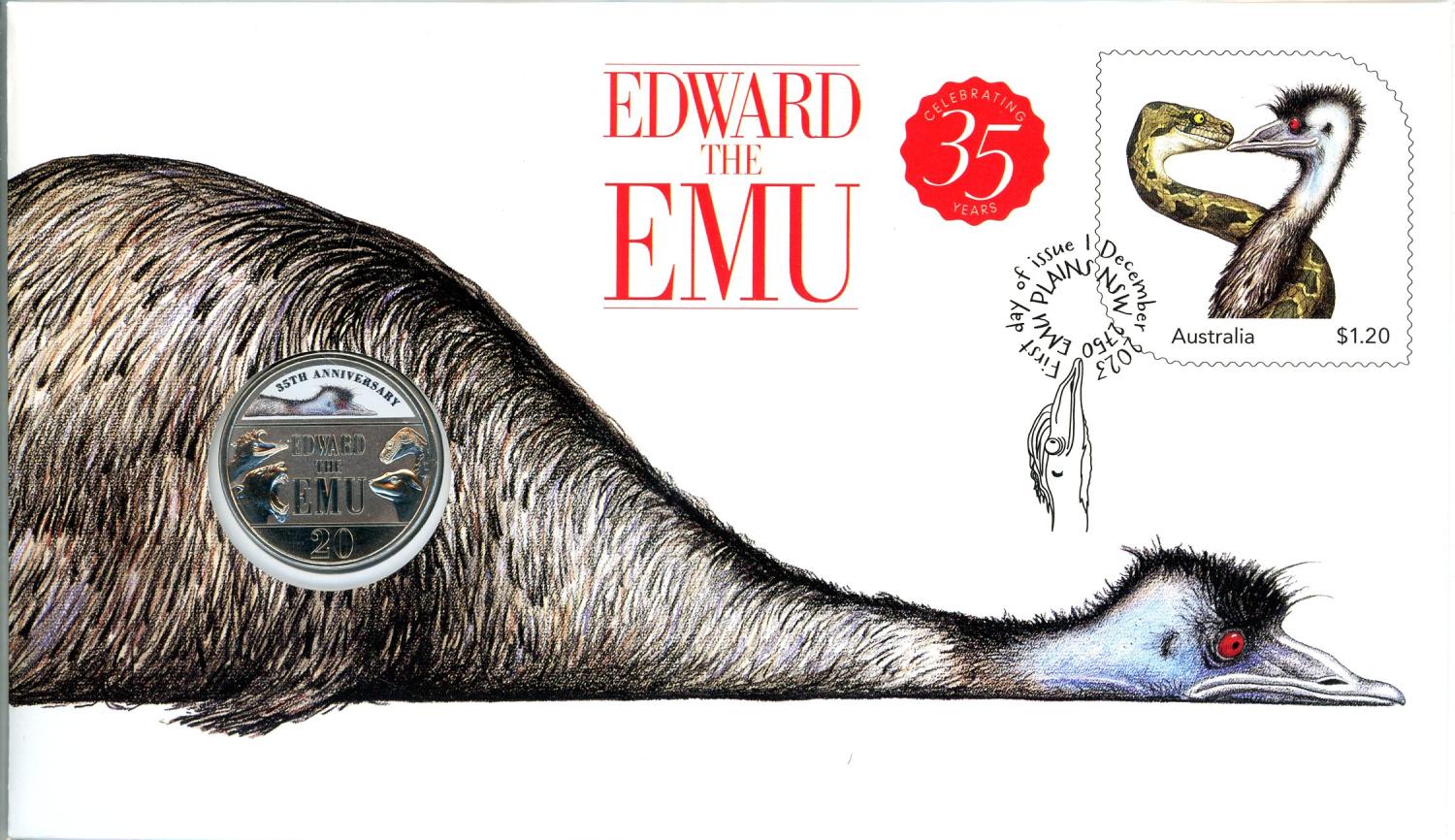 Thumbnail for 2023 Issue 29 Edward the Emu PNC with coloured RAM  20cent coin