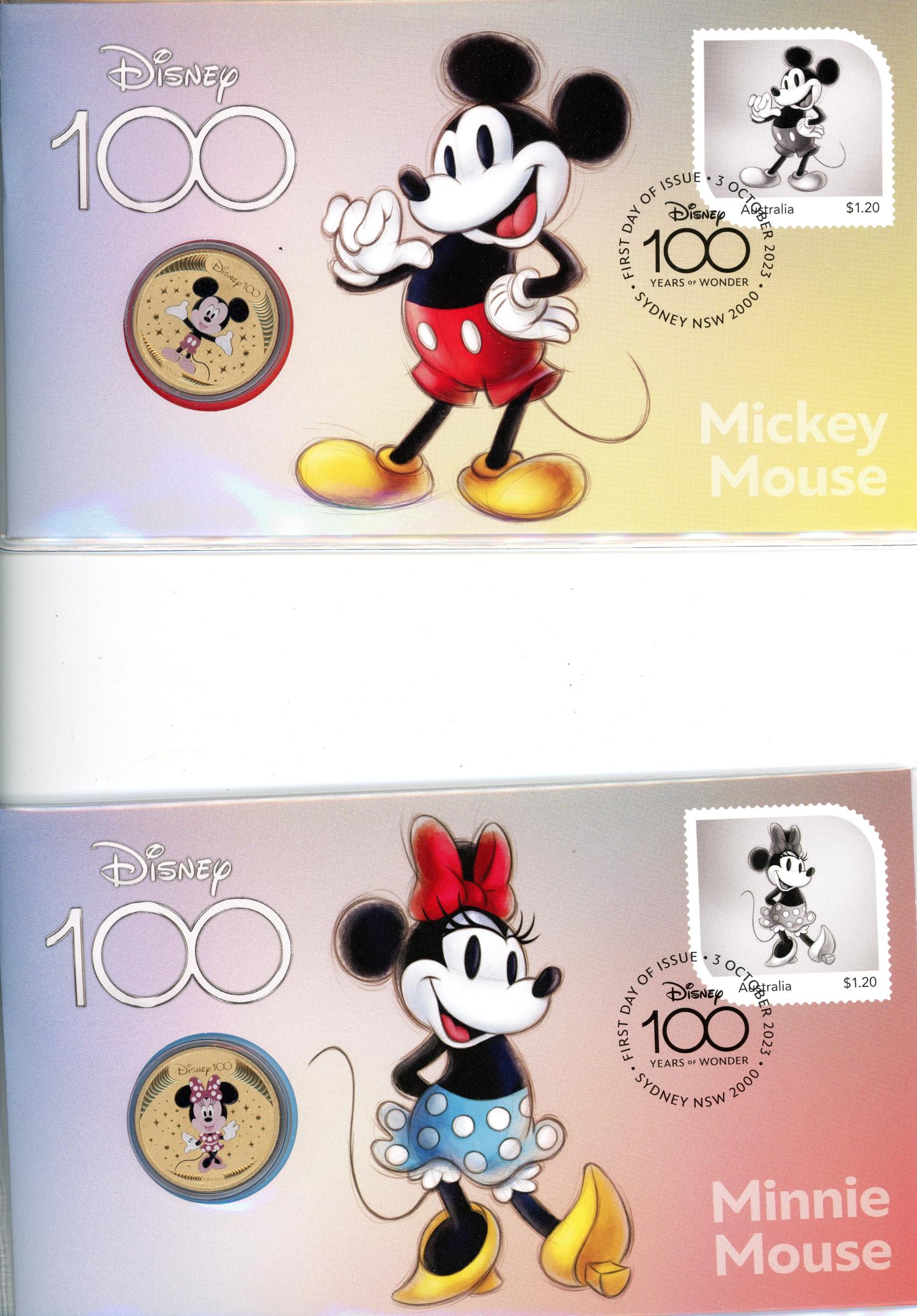 Thumbnail for 2023 Issue 24 & 25 - Disney 100 - Mickey Mouse & Minnie Mouse with Coloured Tuvalu Perth Mint $1 PNC