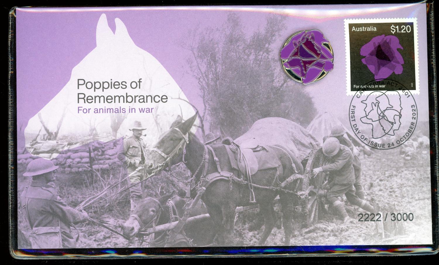Thumbnail for 2023 Poppies of Remembrance Prestige Cover Purple Prestige Cover with Purple Magnetic Bade - Animals at War