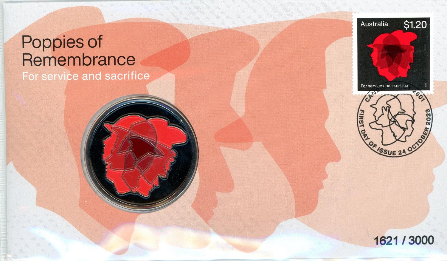 Thumbnail for 2023 Poppies of Remembrance Postal Medallion Cover featuring Red Poppy Medallion 'For Service and Sacrifice'
