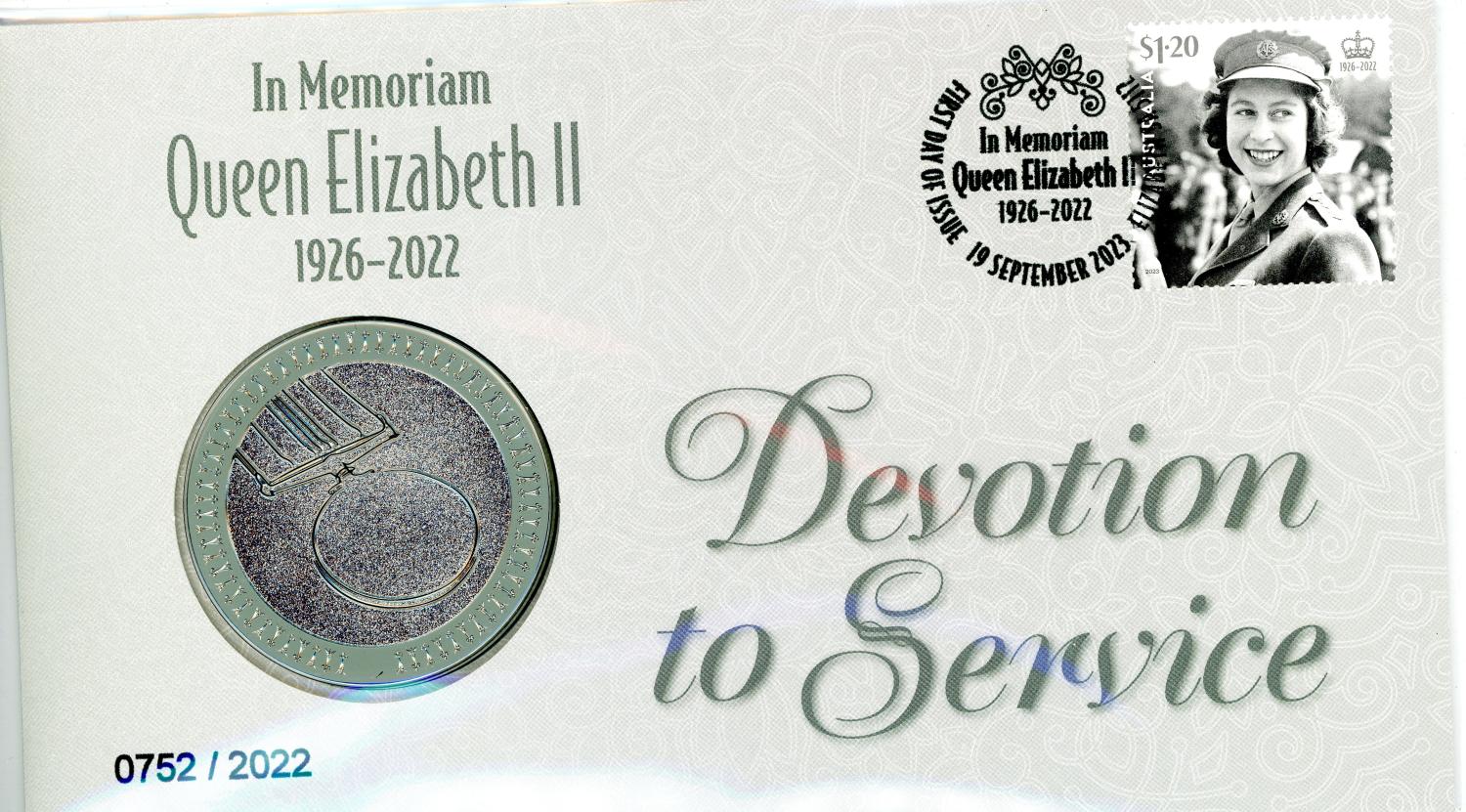Thumbnail for 2023 In Memoriam Queen Elizabeth II 1926-2022 Devotion to Service Postal Medallion Cover