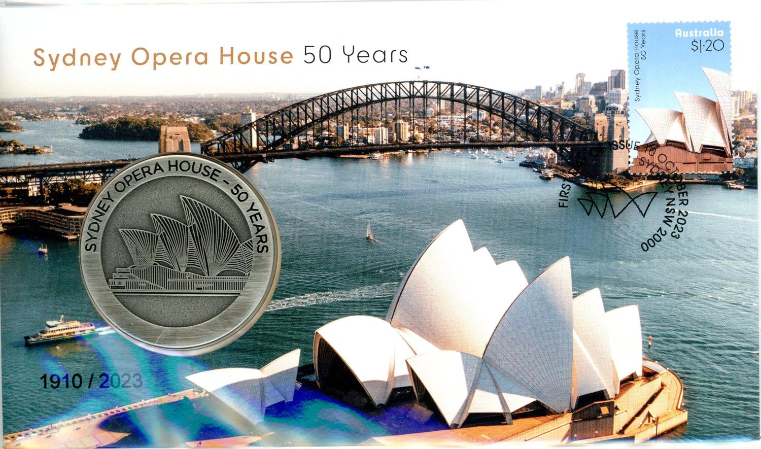 Thumbnail for 2023 Sydney Opera House Postal Medallion Cover with Opera House Medallion 50 Years