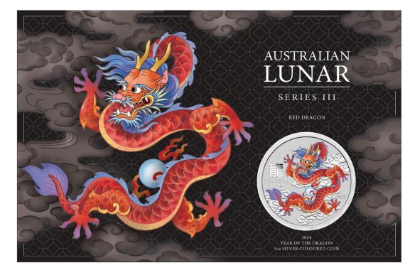 Thumbnail for 2024 $1 Australian Lunar Series III Red Dragon 2024 Year of the Dragon 1oz Silver Coloured Coin in Card 
