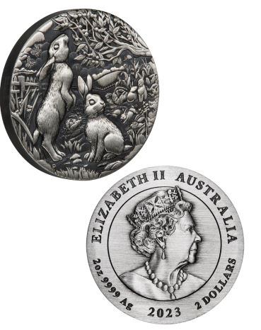 Thumbnail for 2023 $2 Australian Lunar Series III - Year of the Rabbit 2oz Silver Antiqued Coin