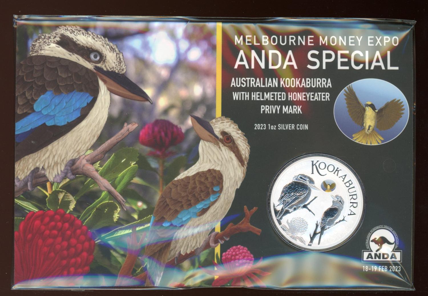 Thumbnail for 2023 $1 Aust Kookaburra with Coloured Helmeted Honeyeater Privy Mark 1oz Silver Coin - Melbourne ANDA Money Expo