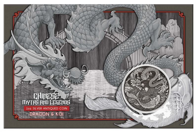 Thumbnail for 2023 1oz Silver Antiqued Dragon and Koi Coin on Card
