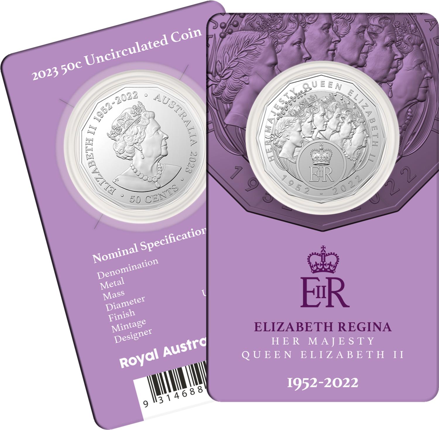 Thumbnail for 2023 50 cent Elizabeth Regina - HM Queen Elizabeth Commemoration CuNi UNC Coin on Card - STRICT LIMITS APPLY