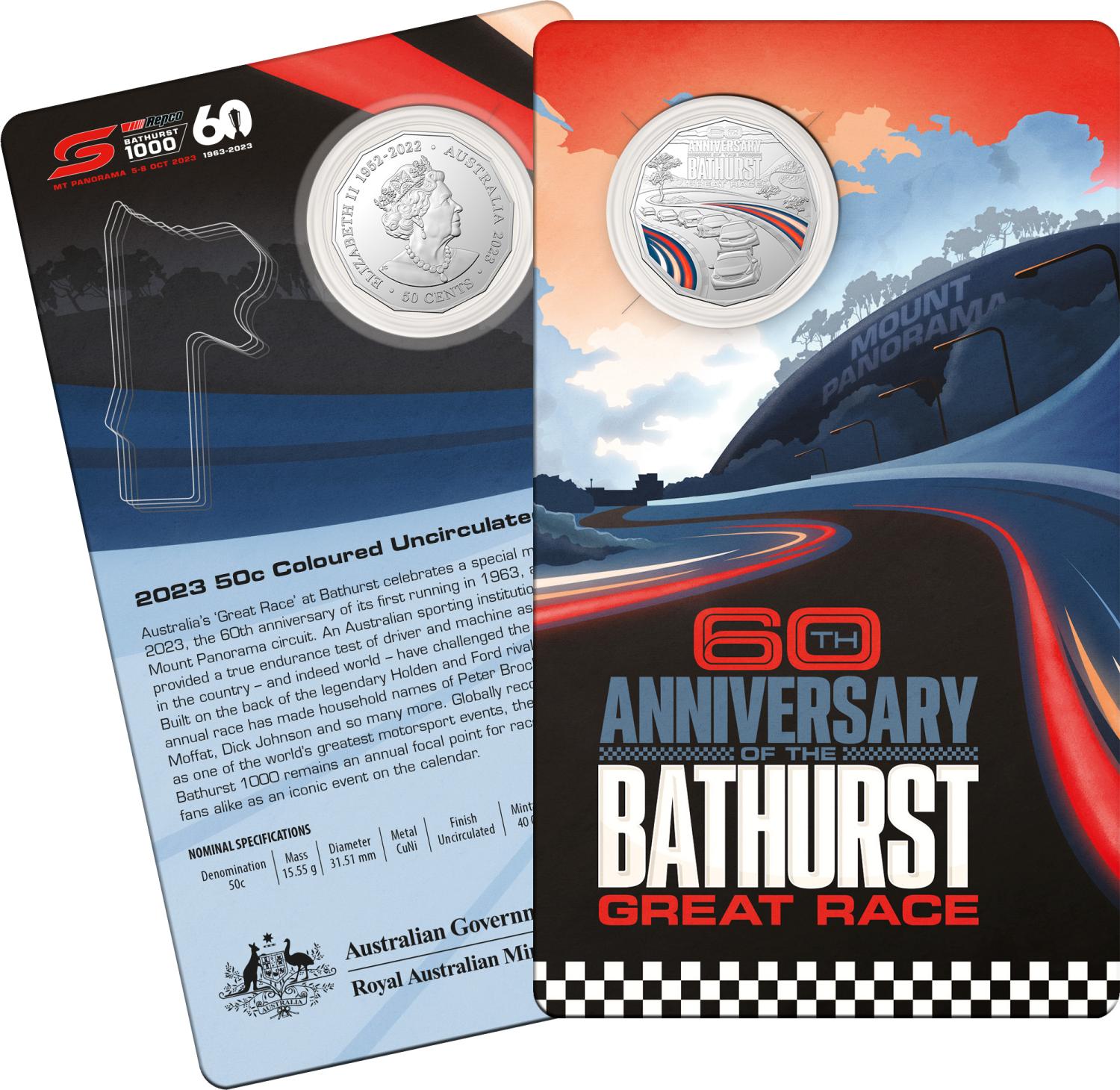 Thumbnail for 2023 50 cent Bathurst 60th Anniversary of the Bathurst 1000 Coloured Coin on Card