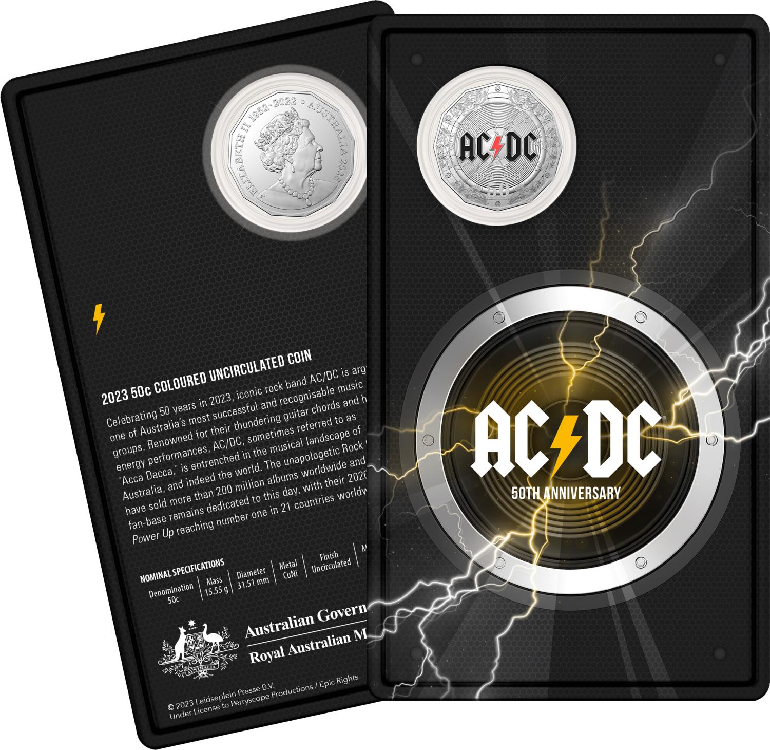 Thumbnail for 2023 50 Cent 50th Anniversary ACDC Coloured CuNi UNC Coin on Card
