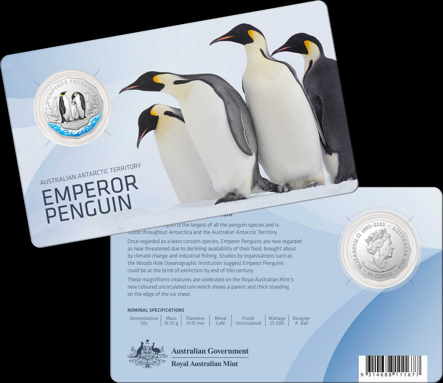 Thumbnail for 2023 50 cent - Australian Antarctic Territory - Emperor Penguin Coloured CuNi UNC Coin on Card