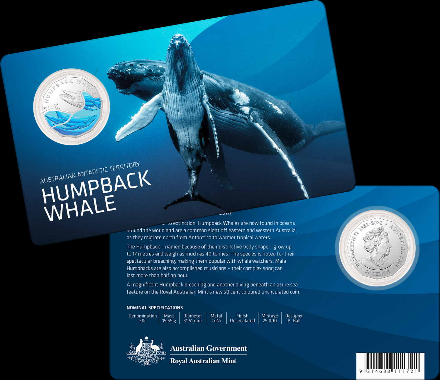 Thumbnail for 2023 .50 cent - Australian Antarctic Territory Humpback Whale Coloured CuNi RAM Coin on Card (Memorial Effigy)
