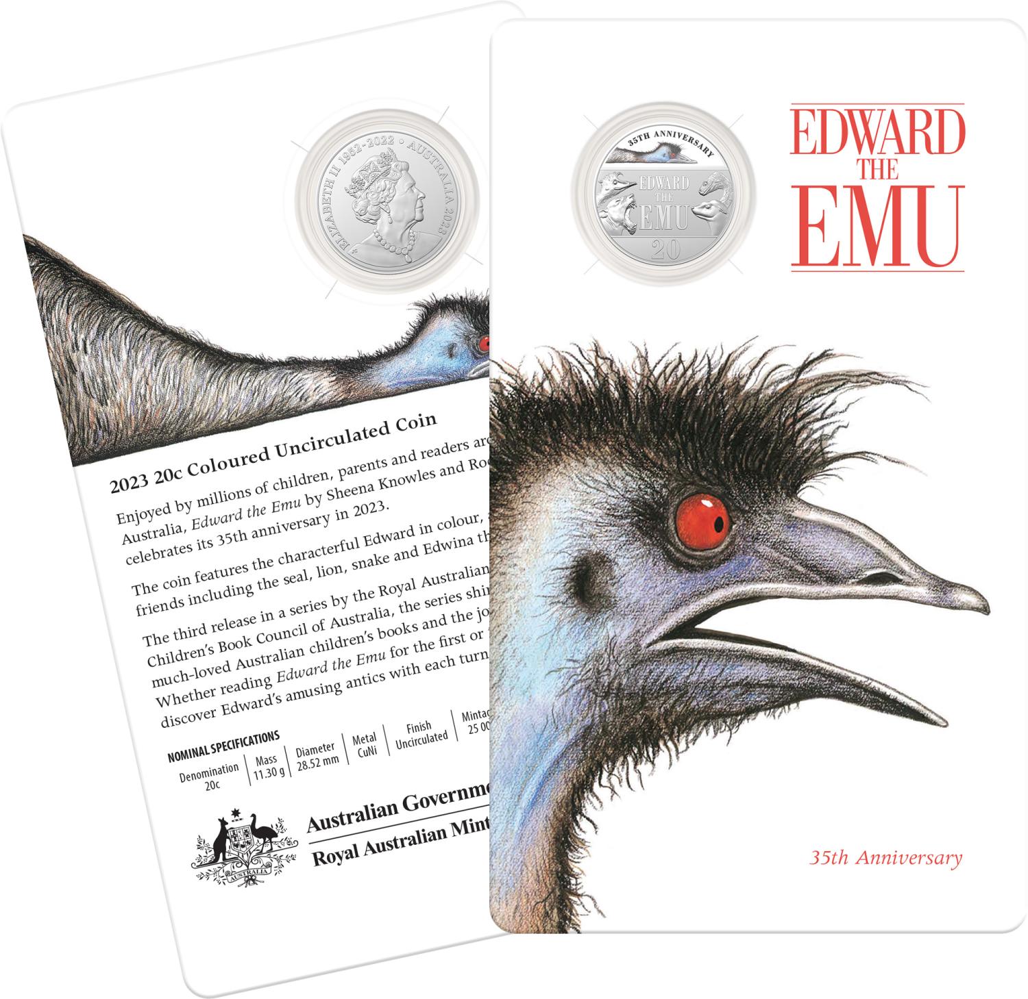 Thumbnail for 2023 20 cent 35th Anniversary of Edward the Emu Coloured CuNi UNC Coin on Card
