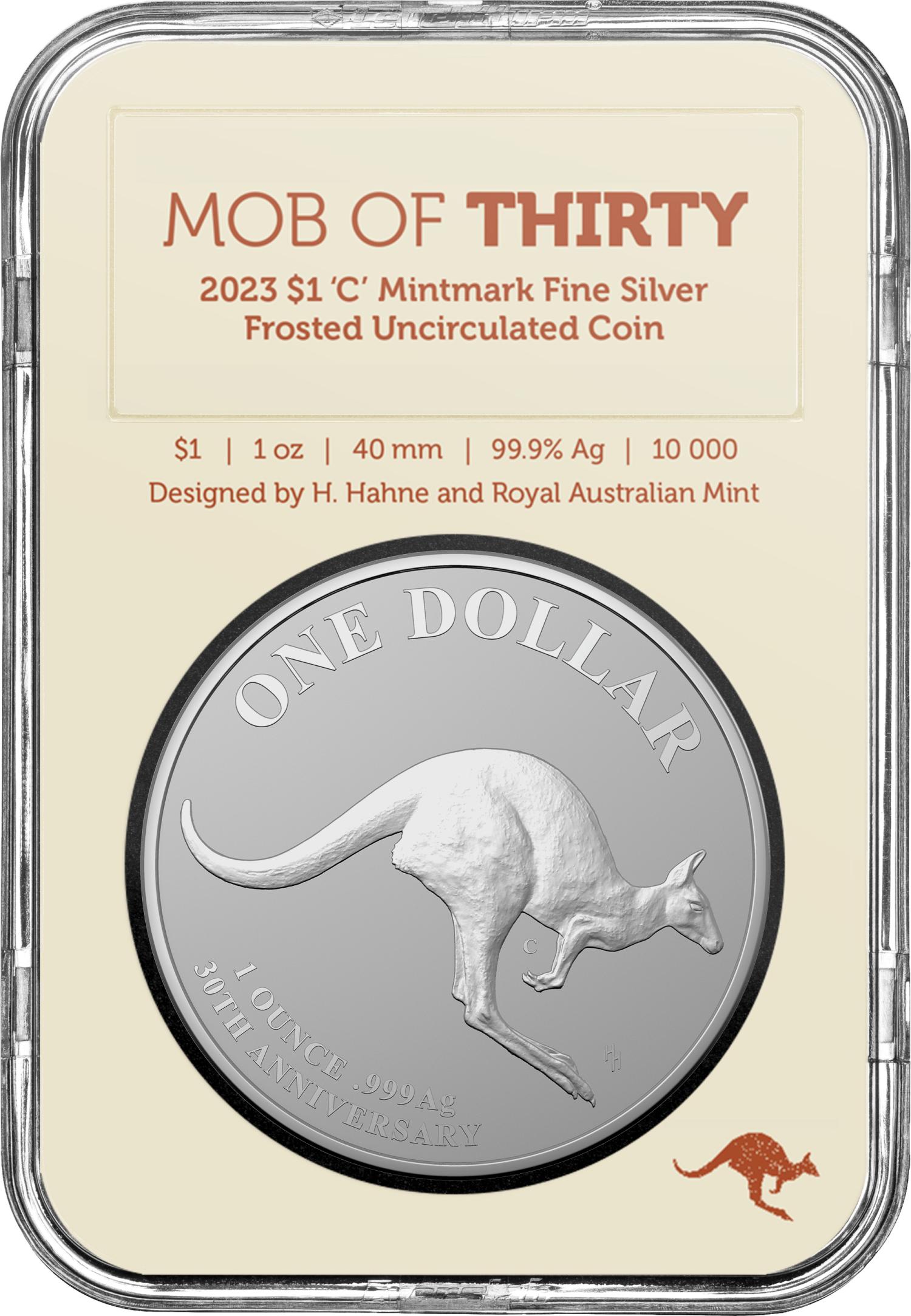 Thumbnail for 2023 $1 30th Anniversary of the Kangaroo Series - Mob of Thirty 1oz Fine Silver 'C' FROSTED UNC in Presentation Case