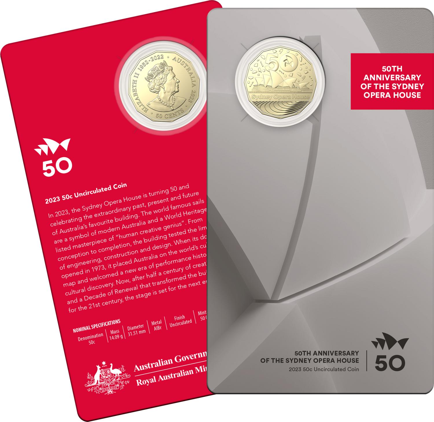 Thumbnail for 2023 .50¢ 50th Anniversary of the Sydney Opera House UNC Coin in Card