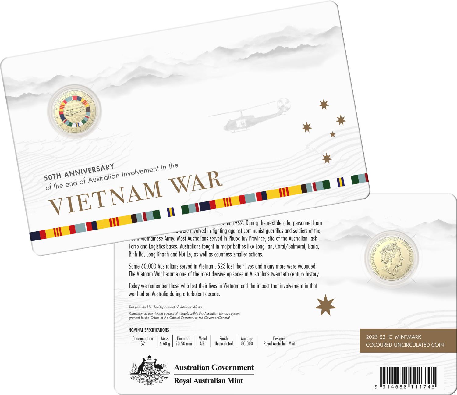 Thumbnail for 2023 $2 50th Anniversary of the End of Australia's Involvement in the Vietnam War Coloured 'C' Mintmark UNC AlBr Coin