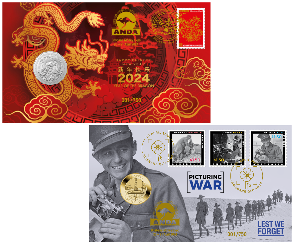 Thumbnail for 2024 PNC Duo - Issued for Brisbane Money Expo ANDA Show -  Happy Chinese New Year 2024 Year of the Dragon RAM 50 cent Coin & Perth Mint Picturing War Lest we Forget with $1 coin PNCs