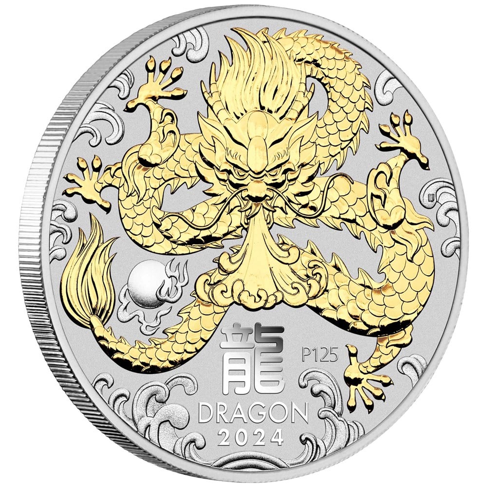 Thumbnail for 2024 $1  Australian Lunar Series III Year of the Dragon 1oz Silver Gilded Coin 