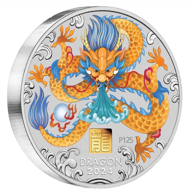Thumbnail for 2024 $30 Australian Lunar Series III Year of the Dragon 1KG Silver Coloured Coin with Gold Privy Mark