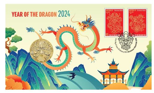 Thumbnail for 2024 Issue 1 - Year of the Dragon Stamp & Coin Cover with Perth Mint uncoloured Dragon $1 coin
