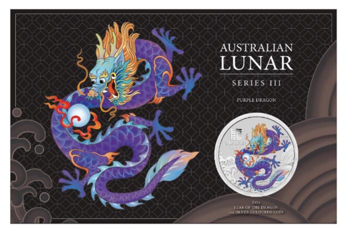 Thumbnail for 2024  $1 Australian Lunar Series III Year of the Dragon 1oz Silver Purple Perth Mint Coin on Card