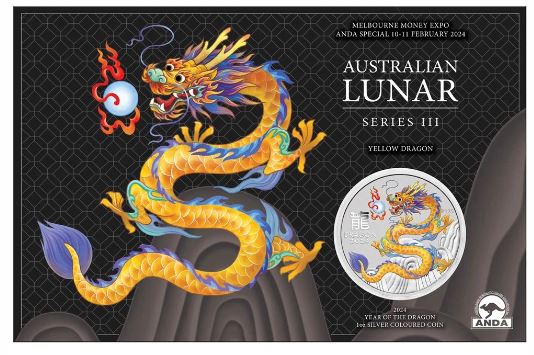 Thumbnail for 2024 $1 Australian Lunar Series III Year of the Dragon 1oz Silver Coin featuring - Yellow Dragon Coloured coin in Card - Melbourne Money Expo ANDA Special