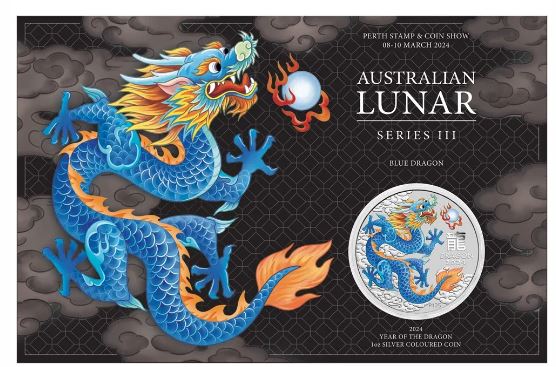 Thumbnail for 2024 $1 Australian Lunar Series III Year of the Dragon BLUE Coloured 1oz Coin - Perth Stamp & Coin Show Special