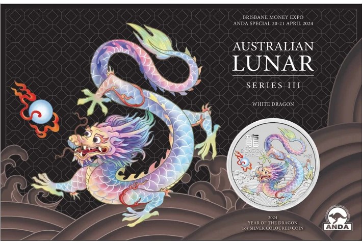 Thumbnail for 2024 $1 Lunar Series III Year of the Dragon 1oz Silver White Coloured Coin In Card - BRISBANE Money Expo ANDA Show Special  (- Perth Mint)